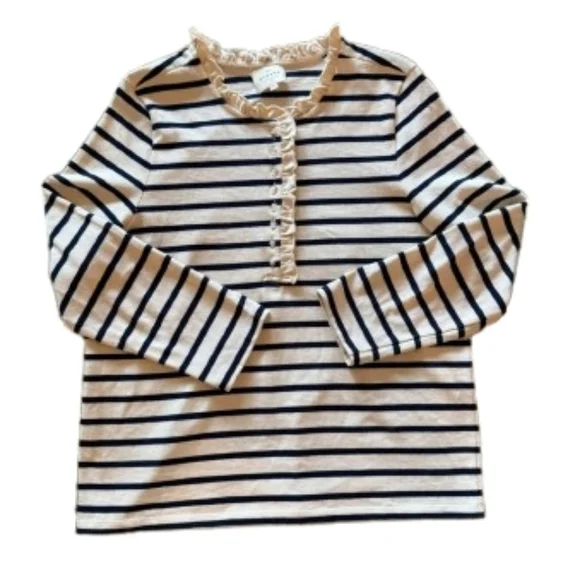 SÉZANE Gael Marienere Ecru Navy Ruffle Edge Button Front Pullover Top XL EUC - Picture 6 of 11